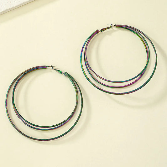 Color Block Ferroalloy Hoop Earrings [JIS2024032730]