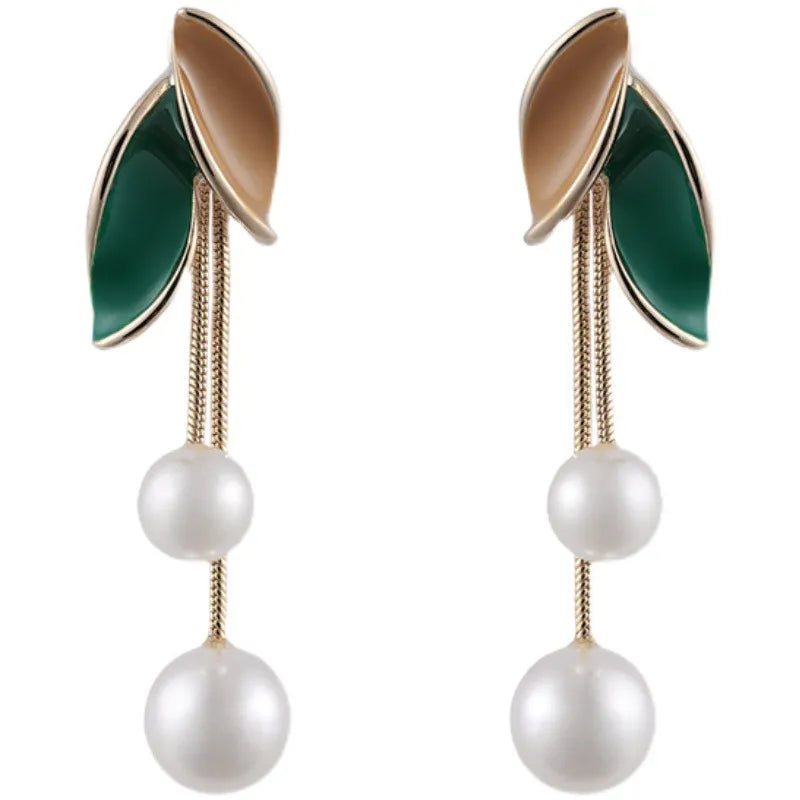 Leaf Artificial Pearls Dangle Earrings [JIS2024032733]